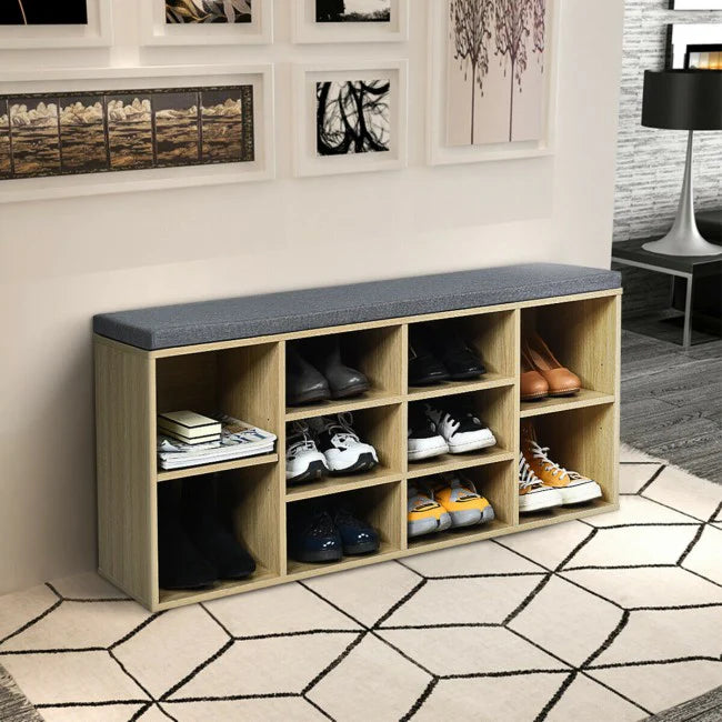 10-Cube Shoe Rack Entryway Organizer Shoe Bench with Storage Padded Cushions and Adjustable Shelves