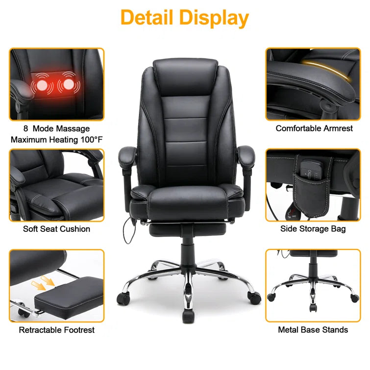 Reclining Office Chair with Massage and Heating Function, Ergonomic Office Chair with Footrest