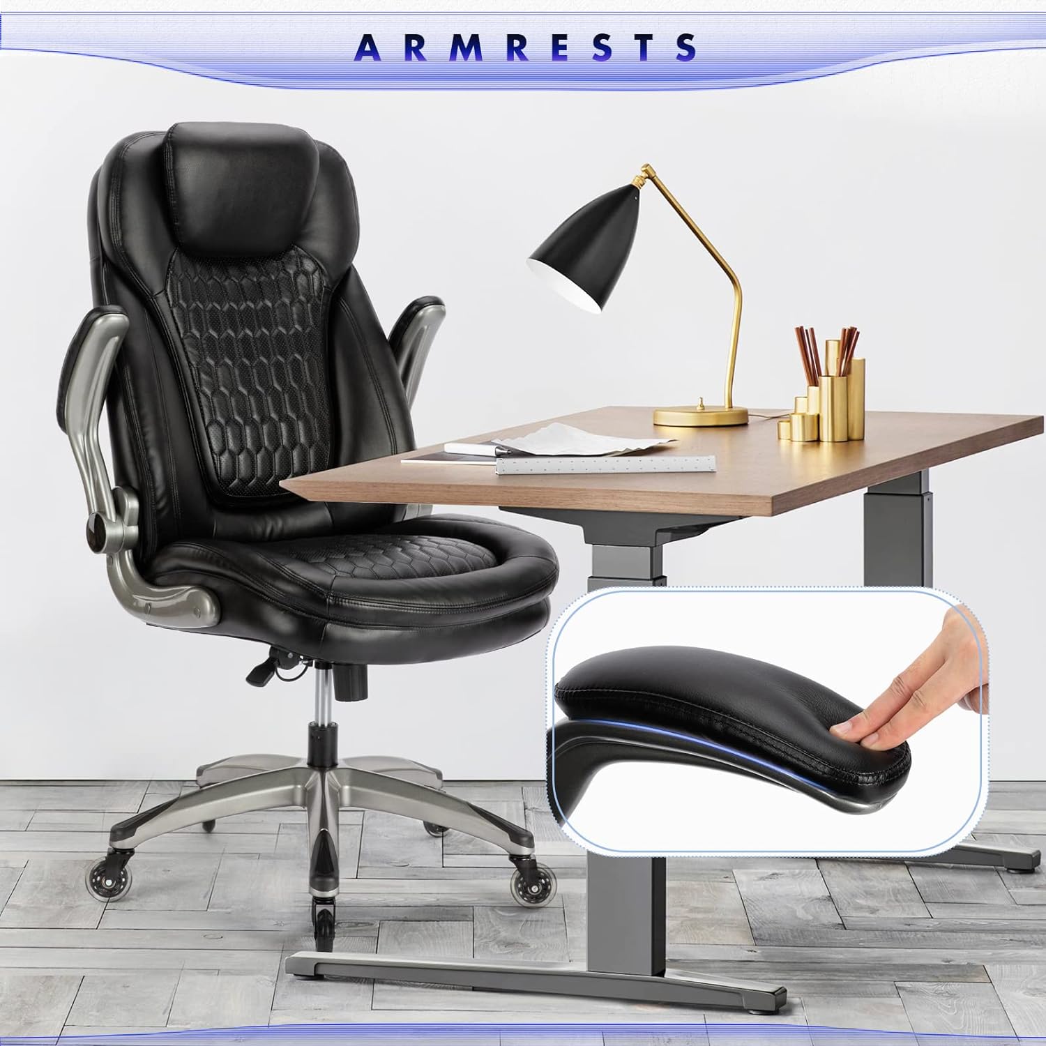 Office Chair - Ergonomic Computer Desk Chair, Thick Seat for Comfort, High Back Executive Chair with Padded Flip-Up Armrests, Stylish Leather Chair, Upgraded Swivel Casters