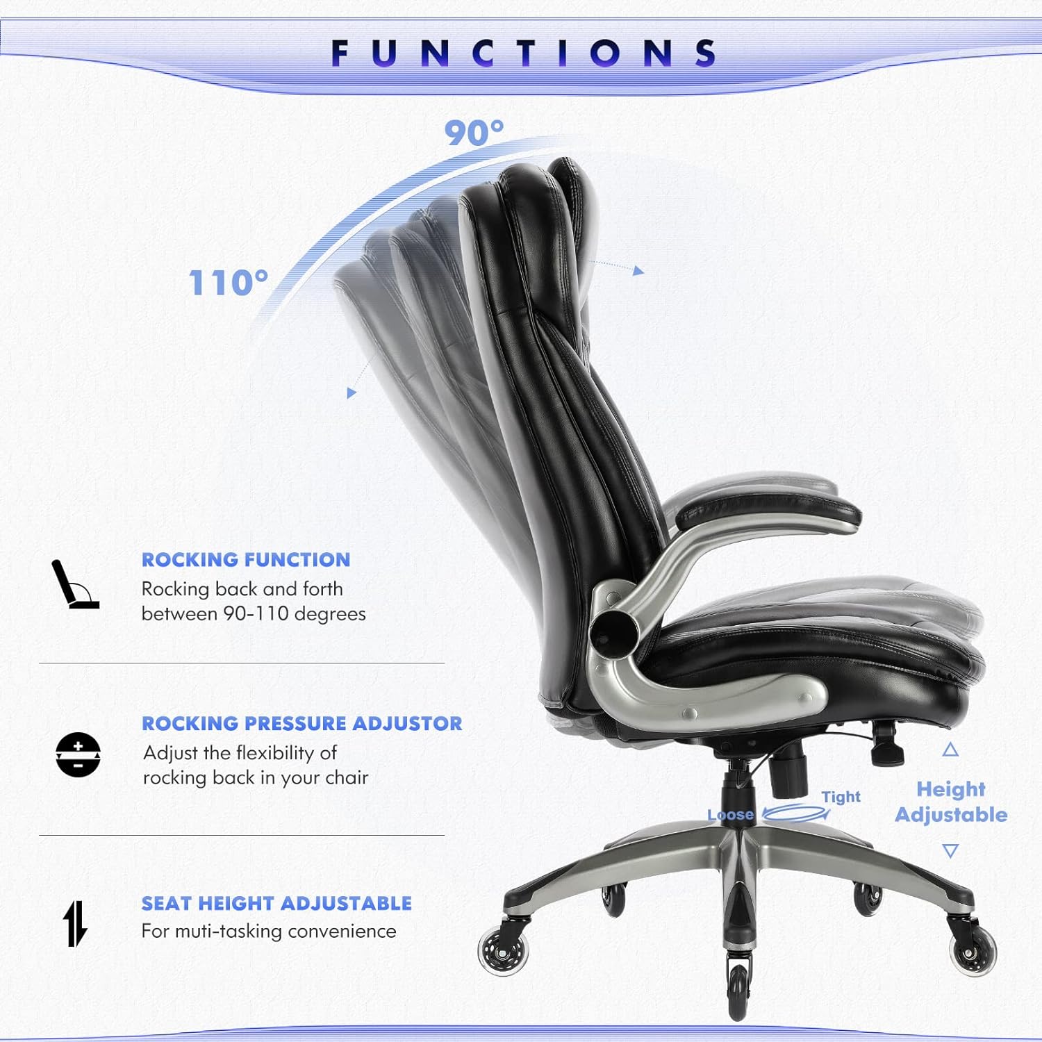 Office Chair - Ergonomic Computer Desk Chair, Thick Seat for Comfort, High Back Executive Chair with Padded Flip-Up Armrests, Stylish Leather Chair, Upgraded Swivel Casters