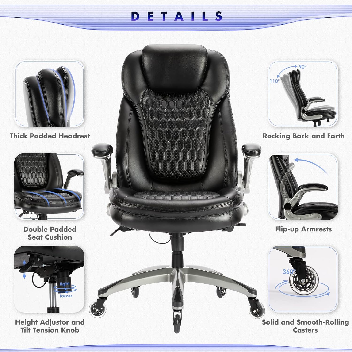 Office Chair - Ergonomic Computer Desk Chair, Thick Seat for Comfort, High Back Executive Chair with Padded Flip-Up Armrests, Stylish Leather Chair, Upgraded Swivel Casters