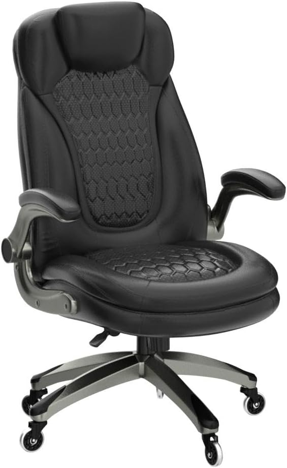 Office Chair - Ergonomic Computer Desk Chair, Thick Seat for Comfort, High Back Executive Chair with Padded Flip-Up Armrests, Stylish Leather Chair, Upgraded Swivel Casters