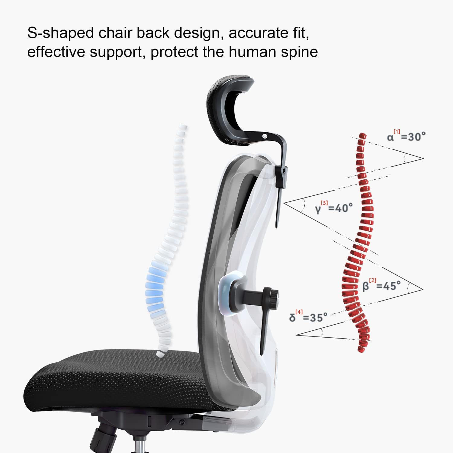 Ergonomic office chair for tall people, adjustable headrest, with 2D armrests, lumbar support and PU wheels, swivel and tilt function