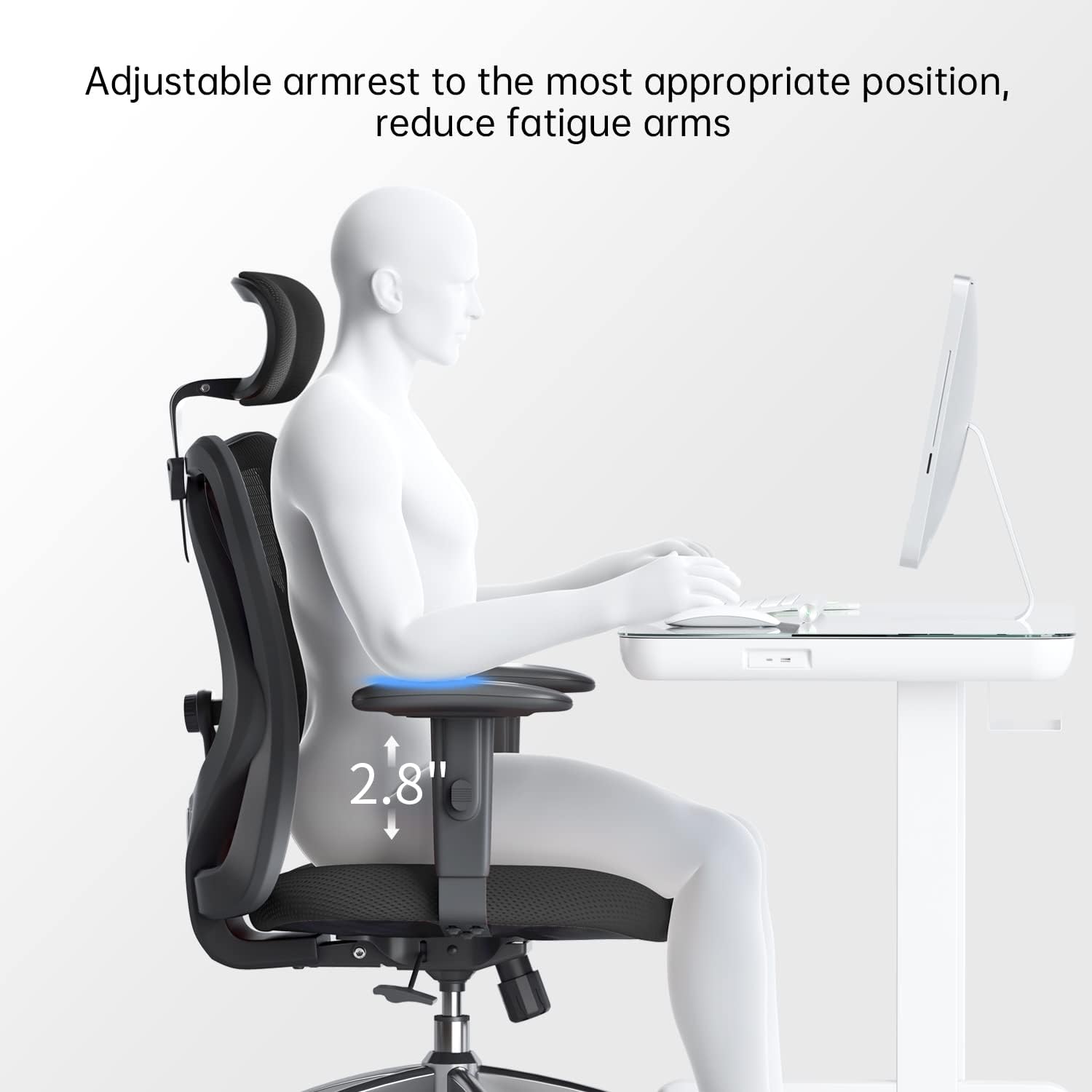 Ergonomic office chair for tall people, adjustable headrest, with 2D armrests, lumbar support and PU wheels, swivel and tilt function