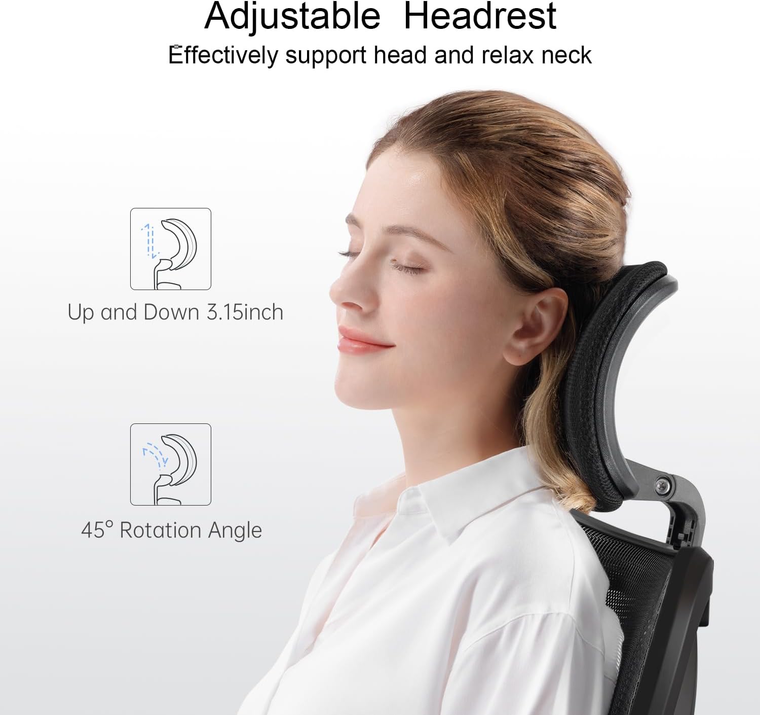 Ergonomic office chair for tall people, adjustable headrest, with 2D armrests, lumbar support and PU wheels, swivel and tilt function