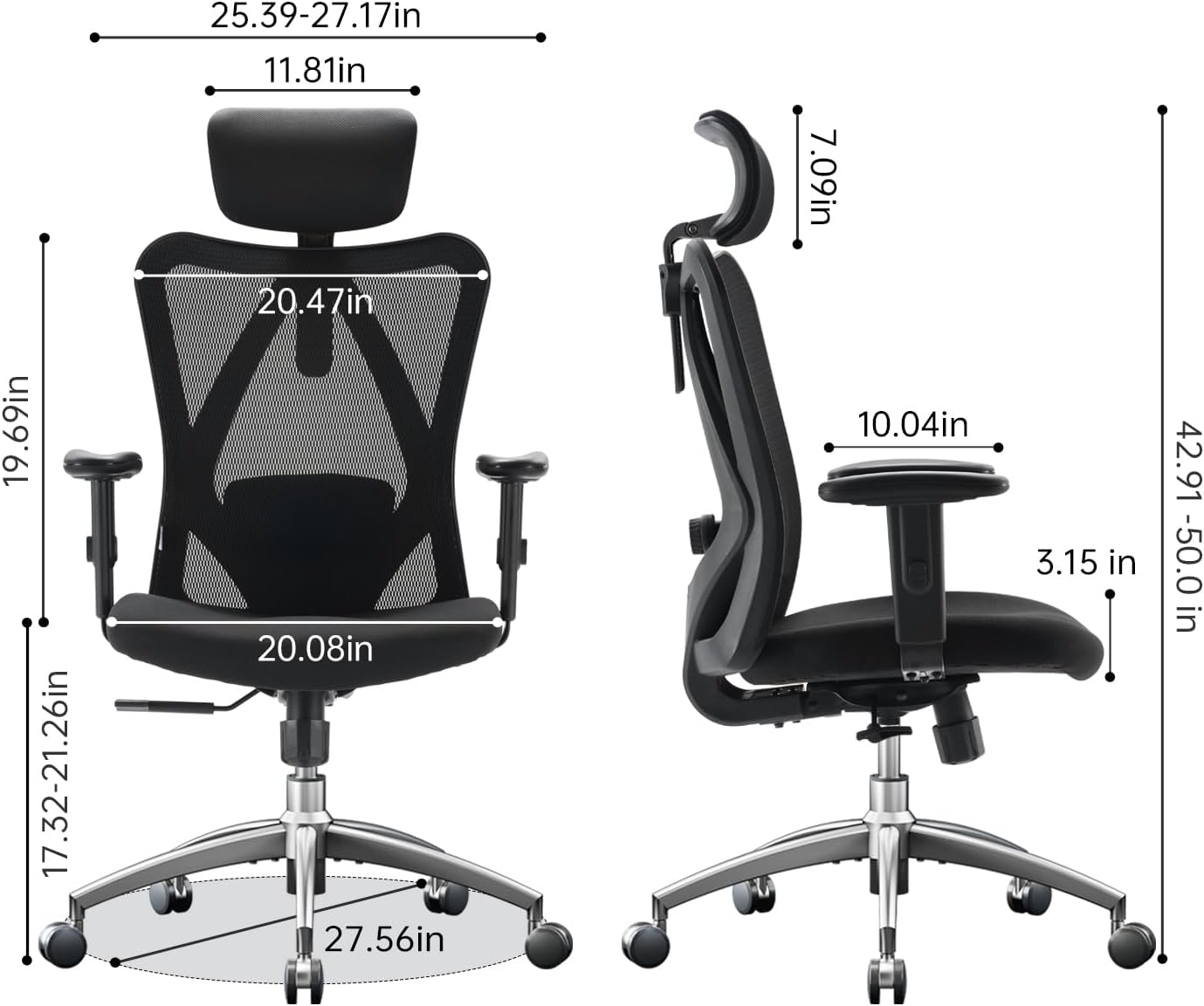 Ergonomic office chair for tall people, adjustable headrest, with 2D armrests, lumbar support and PU wheels, swivel and tilt function