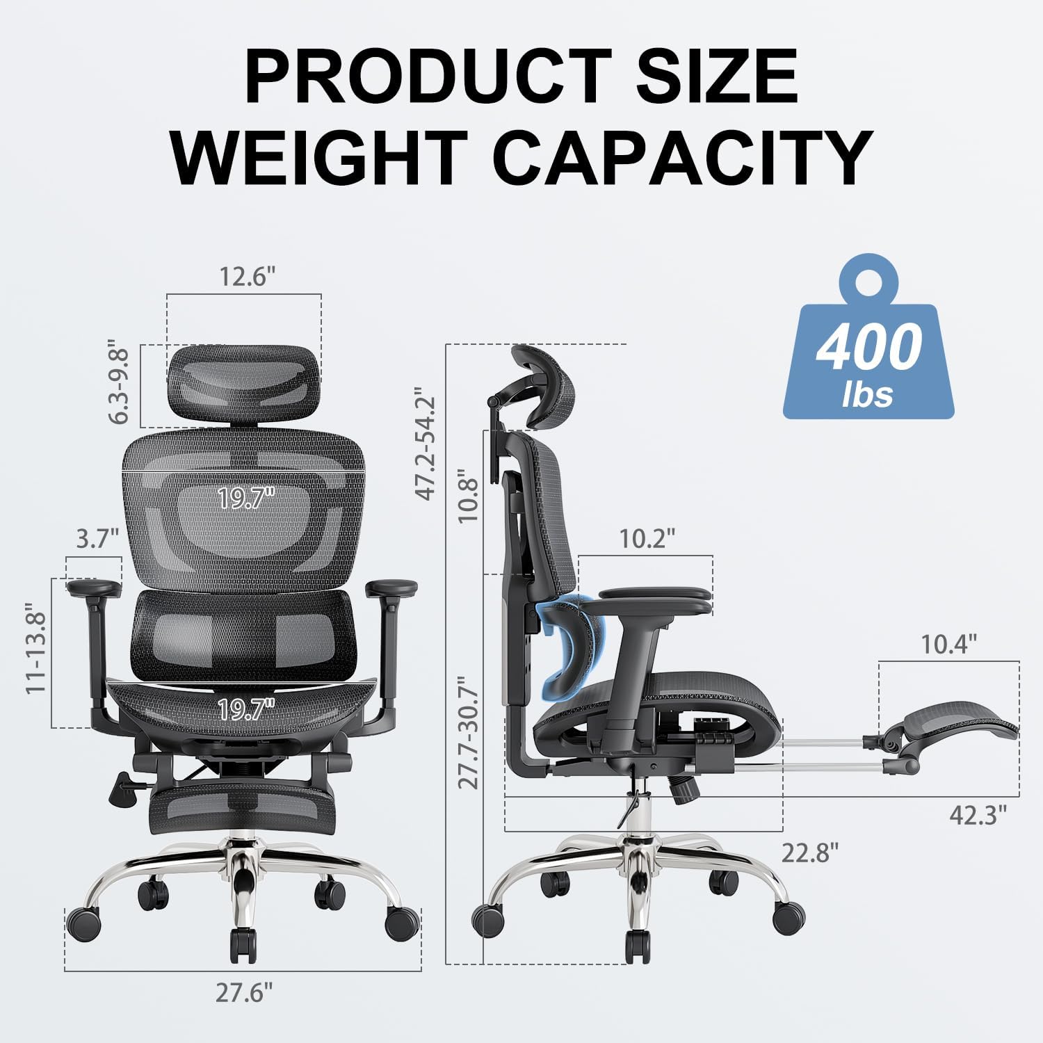 Ergonomic office chair, adaptive lumbar support, tank capacity 400 lbs, 3D headrest and armrests and retractable footrest, mesh breathable desk computer gaming chair