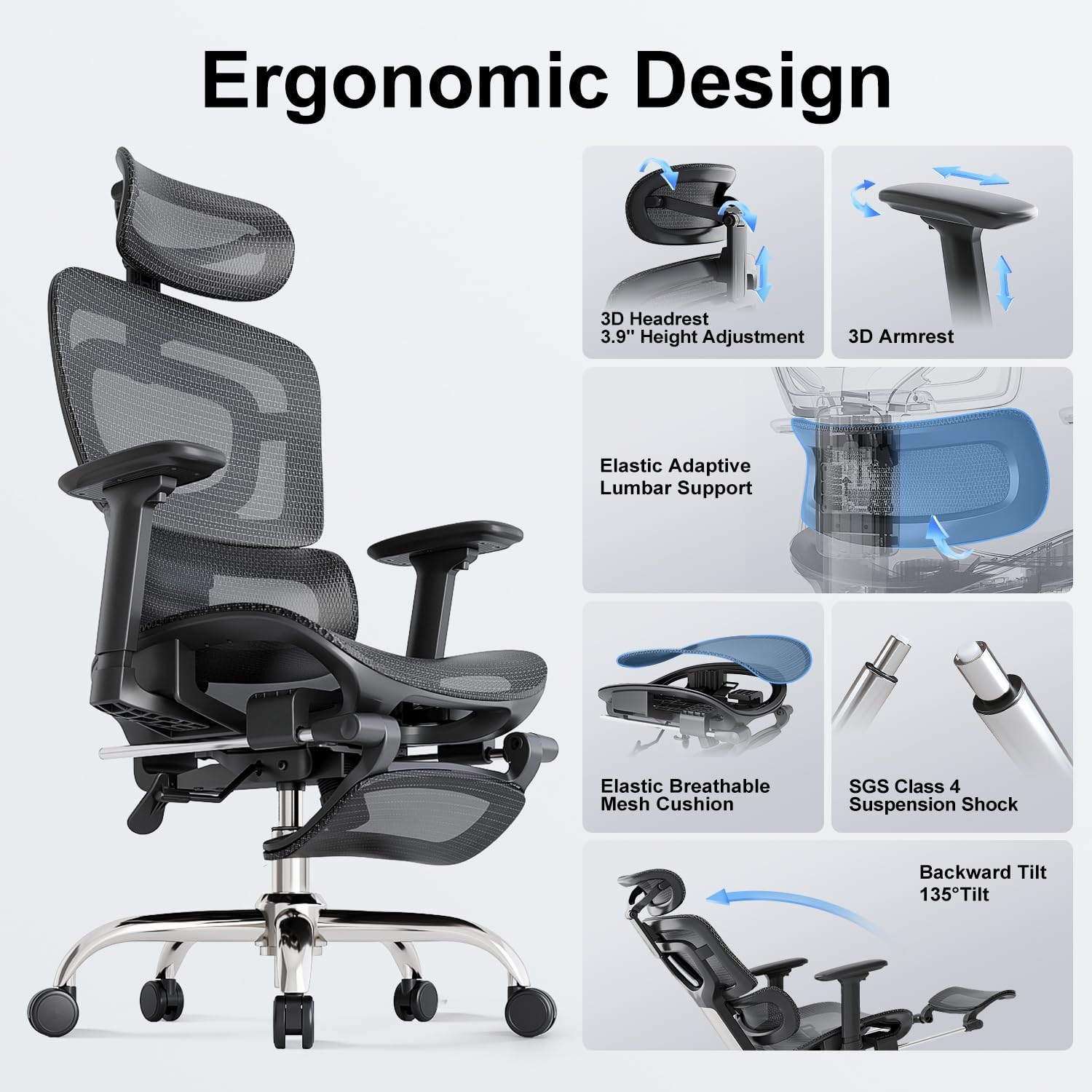 Ergonomic office chair, adaptive lumbar support, tank capacity 400 lbs, 3D headrest and armrests and retractable footrest, mesh breathable desk computer gaming chair