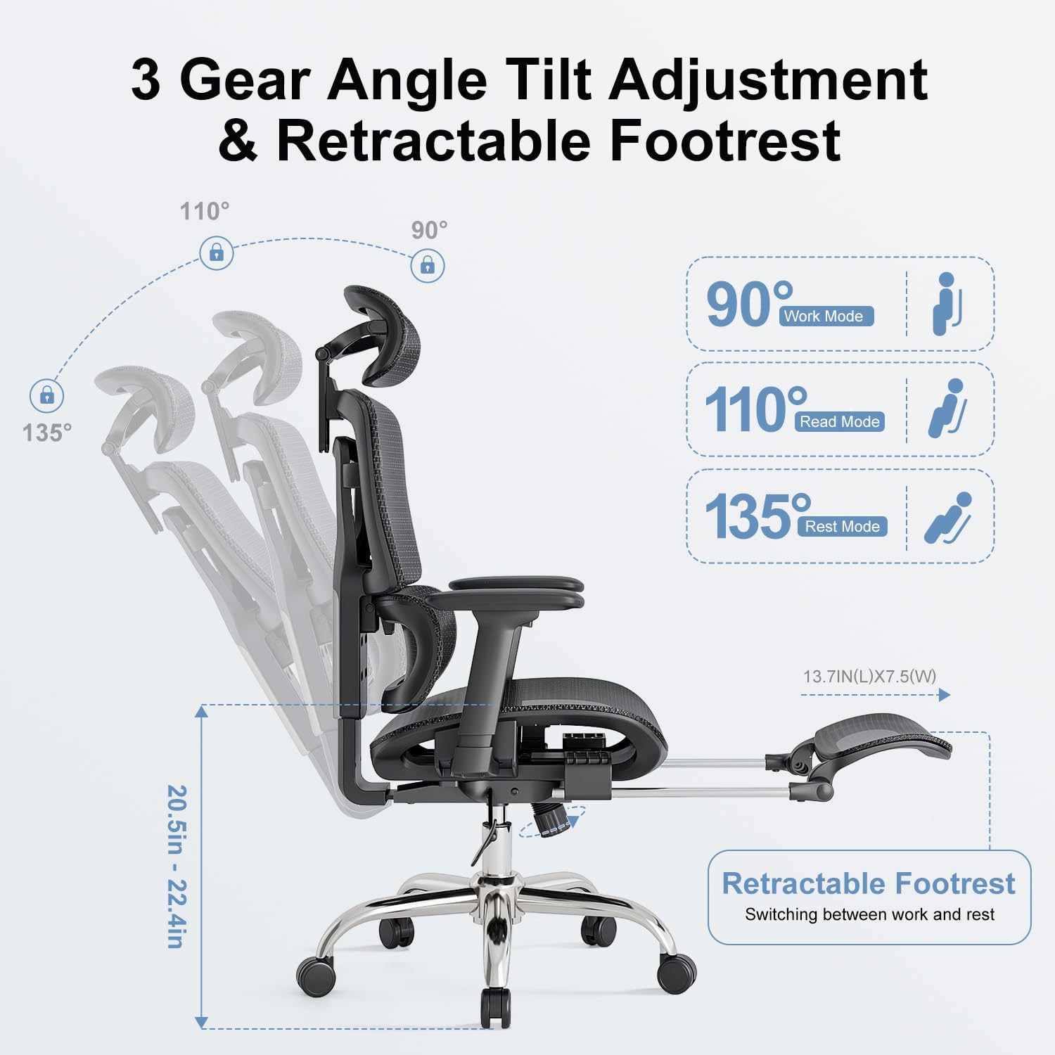 Ergonomic office chair, adaptive lumbar support, tank capacity 400 lbs, 3D headrest and armrests and retractable footrest, mesh breathable desk computer gaming chair