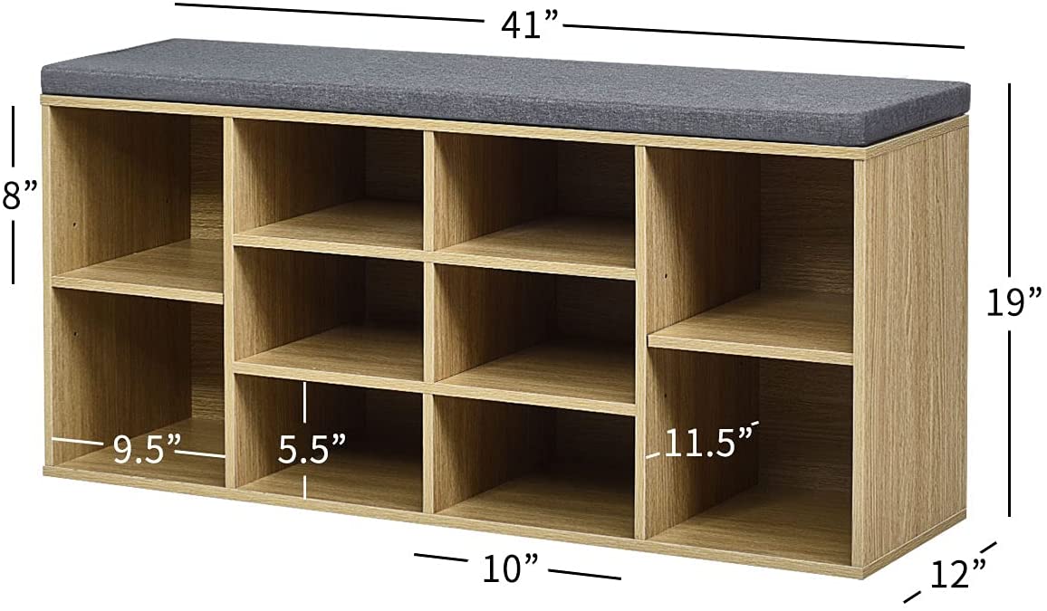 10-Cube Shoe Rack Entryway Organizer Shoe Bench with Storage Padded Cushions and Adjustable Shelves