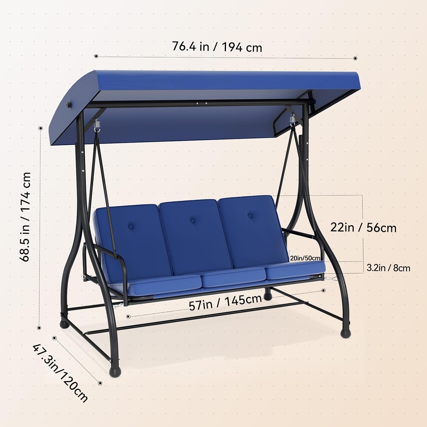 3 Seater Outdoor Patio Swing Chair with Adjustable Canopy Removable Cushions, Heavy Duty Porch Swing Glider for Patio, Backyard, Poolside, Balcony